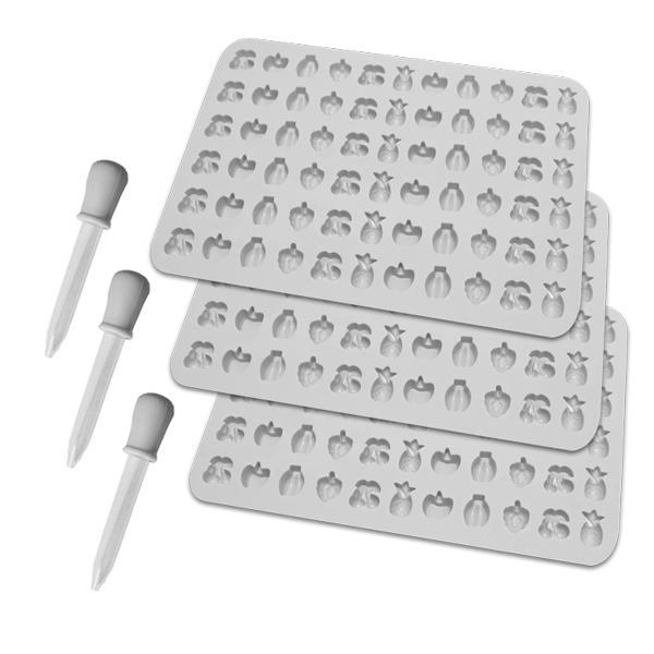 The Deal Society Silicone Gummy Mold 3 Pack features non-stick fruit-shaped trays and includes two plastic droppers with gray bulbs, perfect for making cute gummies, candies, or chocolates.